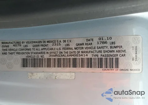 2010 Volkswagen New Beetle z USA, uszkodzony, nr VIN 3VWRG3AL6AM003414